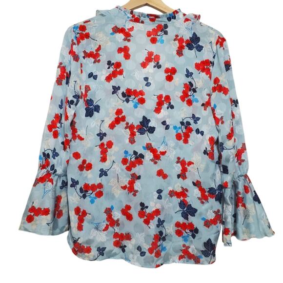 Zara | Floral Tie Ruffle Neck Bell Flare Sleeve Semi-Sheer Blouse - flaw - Picture 5 of 8